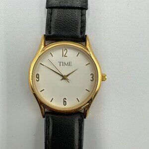 TIME Watch Men Gold Tone White Dial Black Leather Band 32MM New Battery 8"